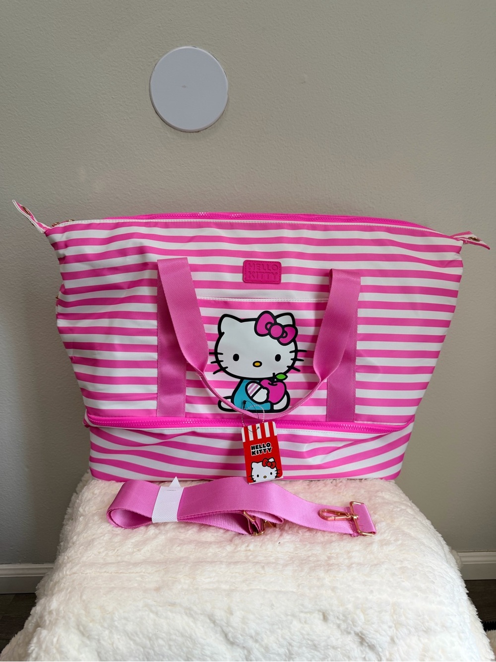 Hello Kitty Pink and White Striped Carryall Bag